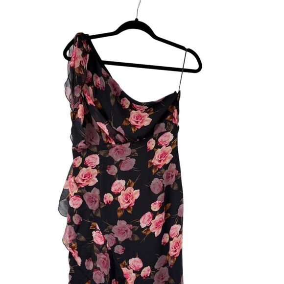Double Crazy Black Pink Rose One Shoulder High Slit Sexy Cocktail Dress Sz L - Picture 3 of 12